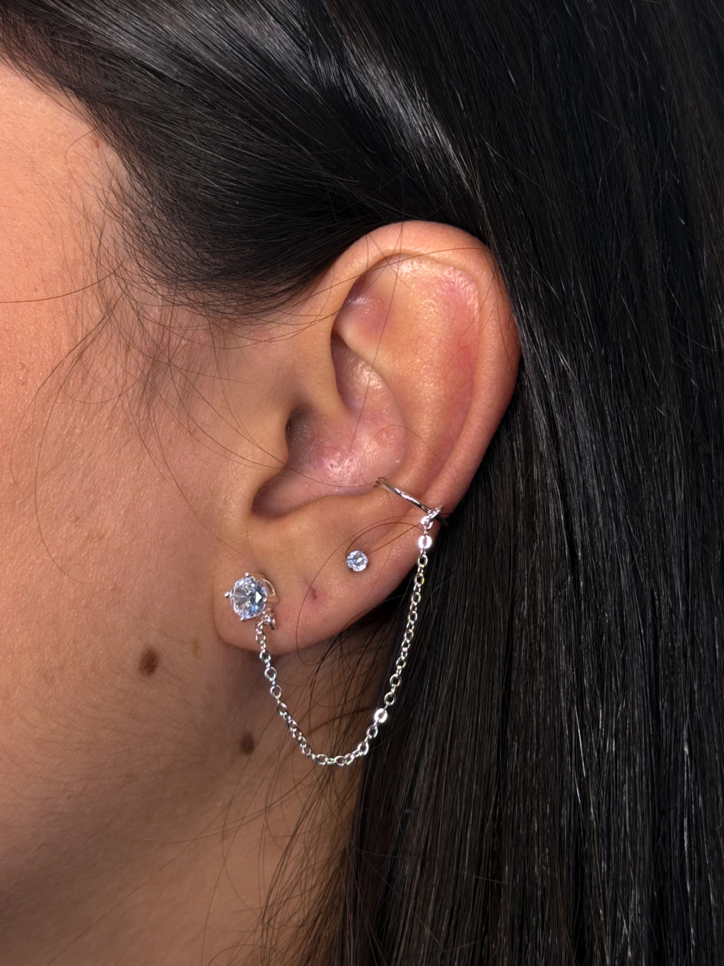 Ponto de Luz Ear Chain Piercing Fake Prata