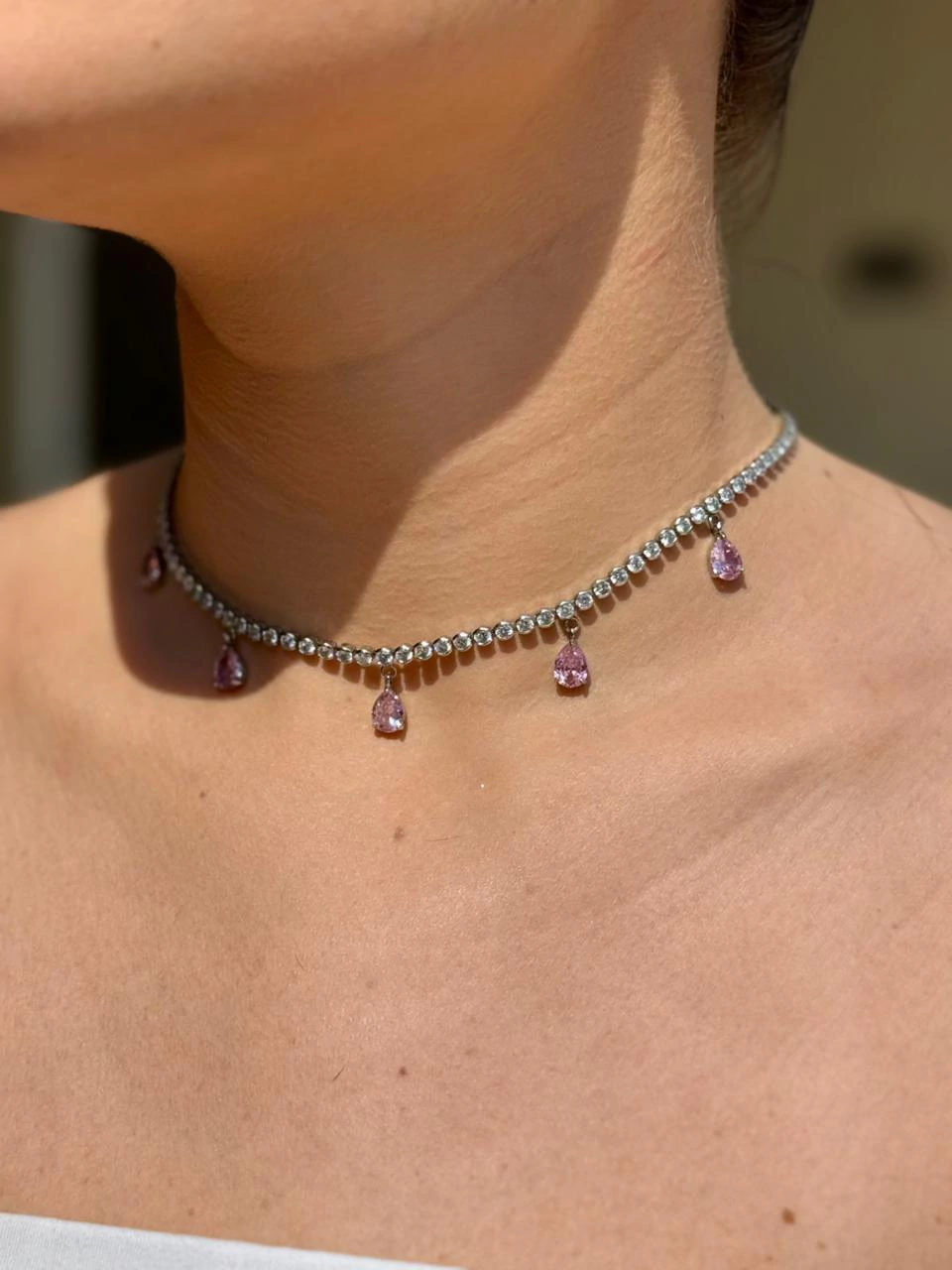Riviera com Pingentes Zircônia Cor de Rosa - Banho de Ródio
