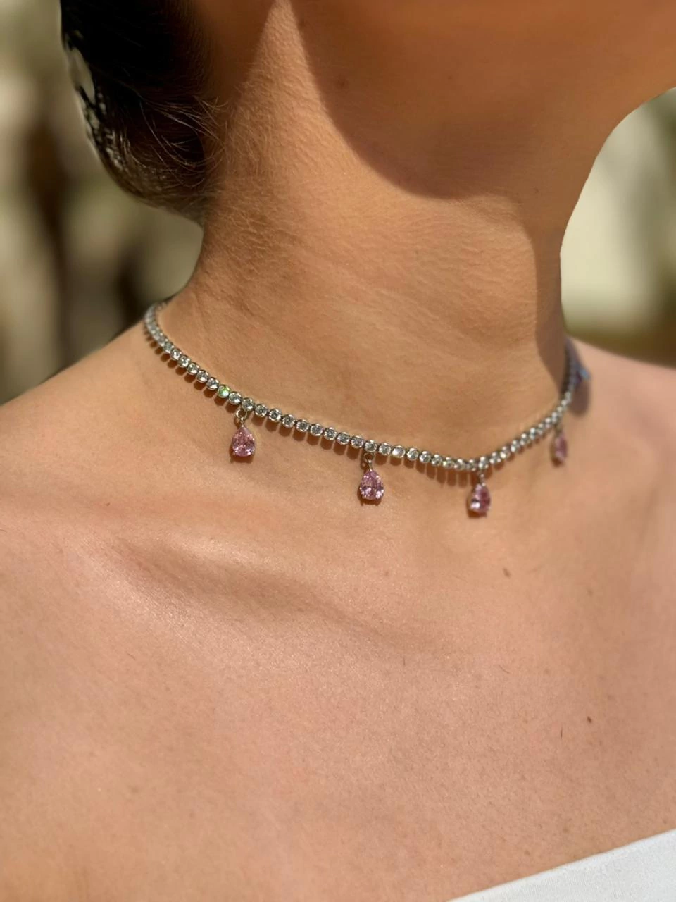 Riviera com Pingentes Zircônia Cor de Rosa - Banho de Ródio — segunda imagem