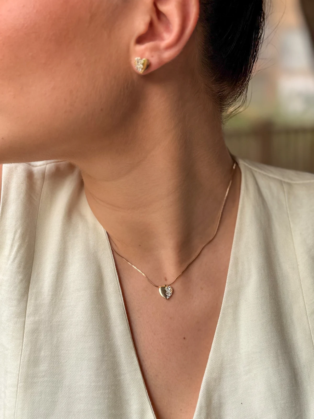 Conjunto Joinha Coração Meio Zircônia - Banho Ouro 18k