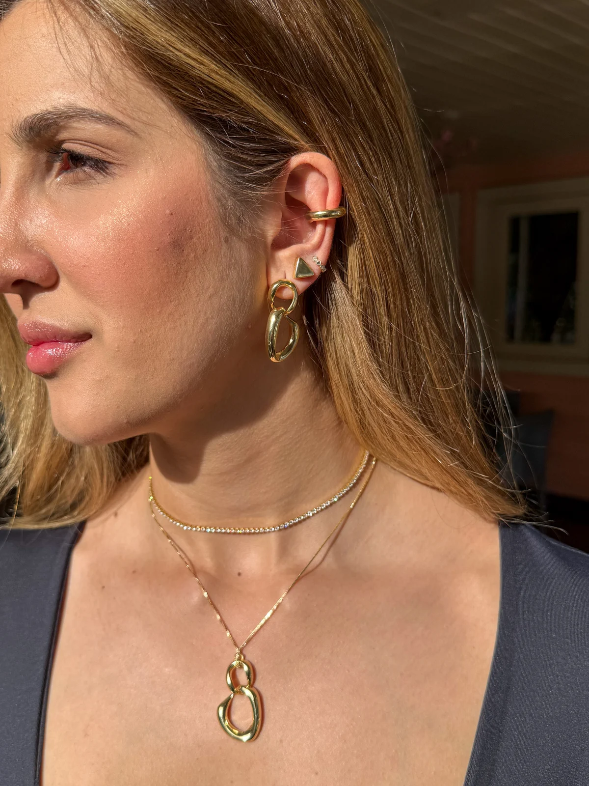 Brinco Orgânico Duplo Flexível - Banho de Ouro 18k