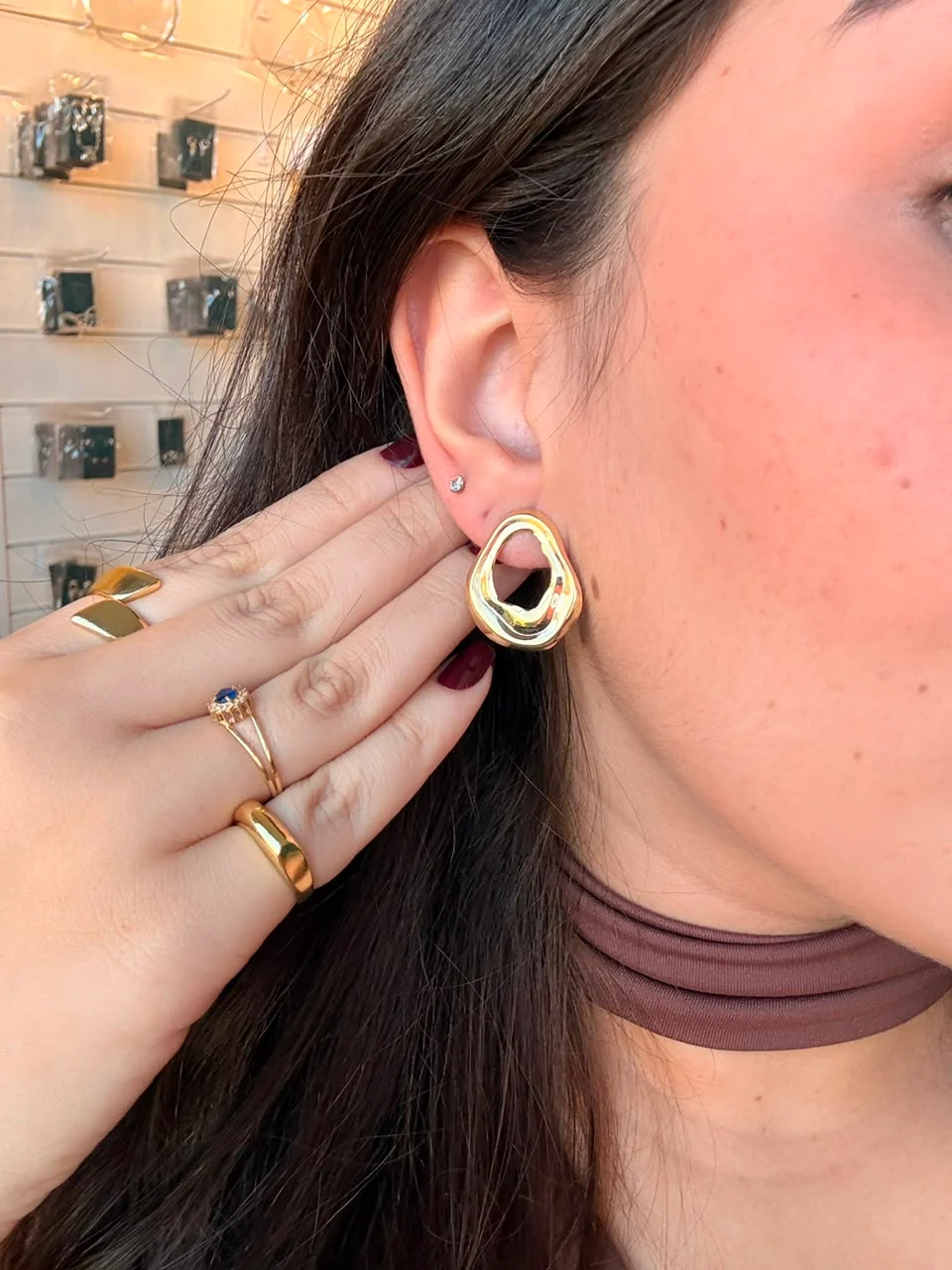 Brinco Gota Frontal Orgânica - Banho Ouro 18k